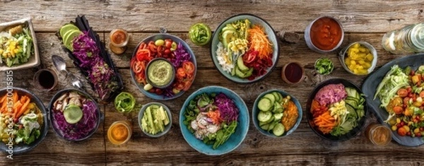 Fototapeta The vibrant display of fresh salads and colorful ingredients on a wooden table.