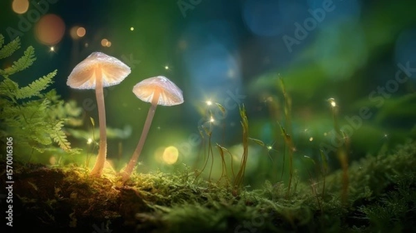 Fototapeta The Enchanting Mushrooms Illuminated by Magical Light in a Forest Setting