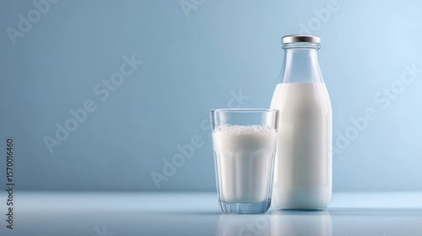 Fototapeta The refreshing milk in a glass and bottle on a blue background.