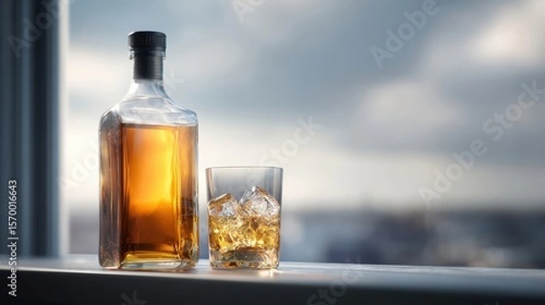 Fototapeta The whiskey bottle and glass with ice against a serene background.