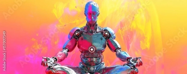 Obraz Realistic meditating vibrant robot, colorful energy background