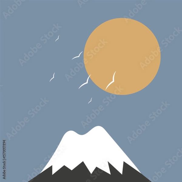 Fototapeta Mountains peak birds sunrise sunset, vector art illustration.