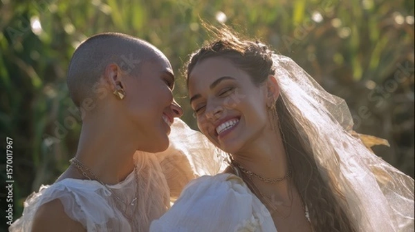 Fototapeta The joyful moment shared between two brides in a sunny field