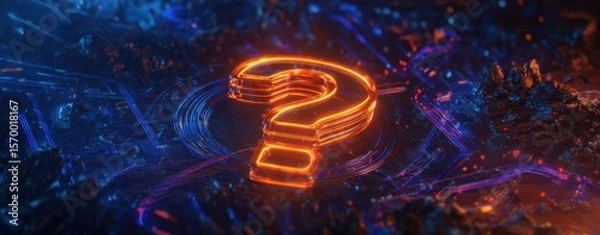 Fototapeta The glowing question mark illuminating a futuristic digital landscape.