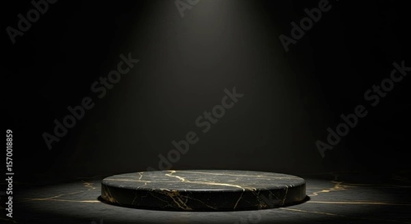 Obraz Luxury Black Marble Podium with Gold Details on Dark Background for Premium Product Display.