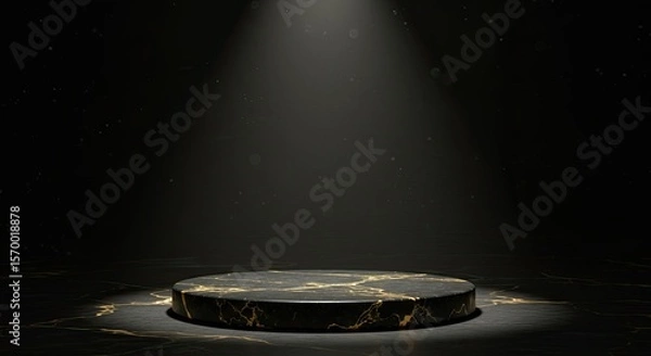 Obraz Luxury Black Marble Podium with Gold Details on Dark Background for Premium Product Display.