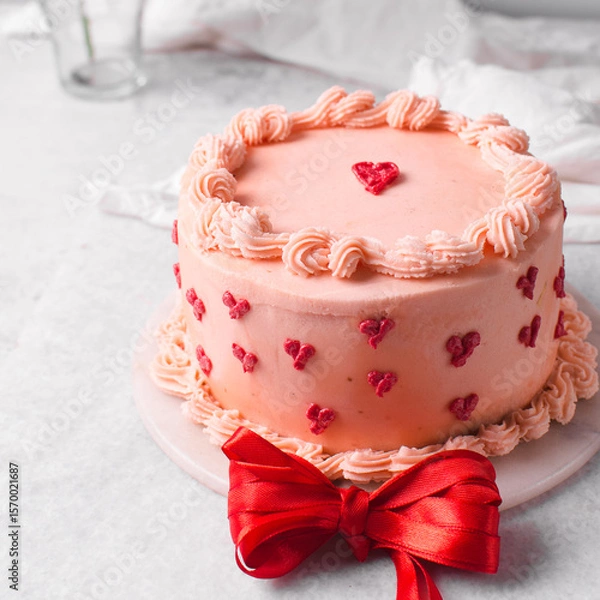 Obraz Pink buttercream cake on a cake plate, Cake covered in buttercream hearts