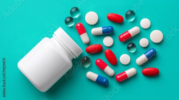 Obraz scattered pills and a white medicine bottle on a blue background. Assorted Medication and Capsules with Bottle. Healthcare Pharmaceutical Pills Spilled from Container – Flat Lay