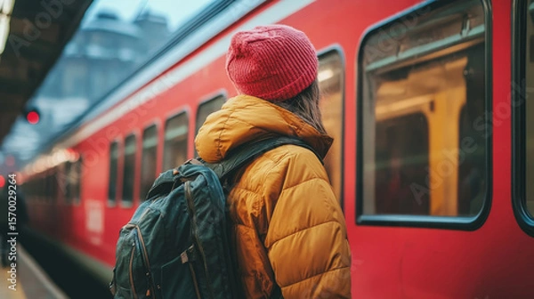 Fototapeta A person wearing a red beanie and yellow jacket stands on a train platform, looking at a red train on a rainy day.