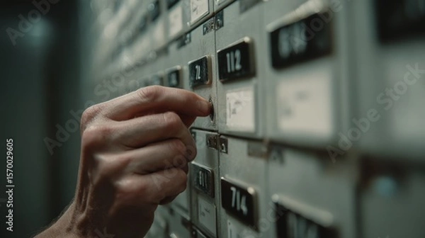 Obraz First-Person View of Hands Unlocking Evidence Locker with Security Tags