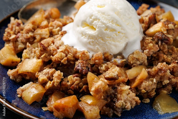 Obraz Freshly baked apple crumble pie with ice cream