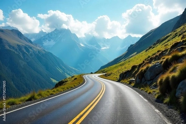 Fototapeta Winding Mountain Road to Distant Peaks A Journey of Adventure and Challenge