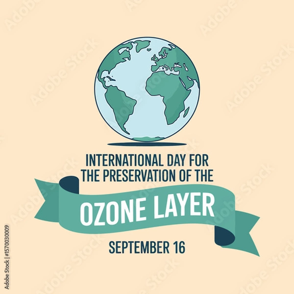 Fototapeta International Day for the Preservation of the Ozone Layer Vector Graphic with Earth Globe and Teal Ribbon Banner, Promoting Environmental Awareness and Protection on September 16th.