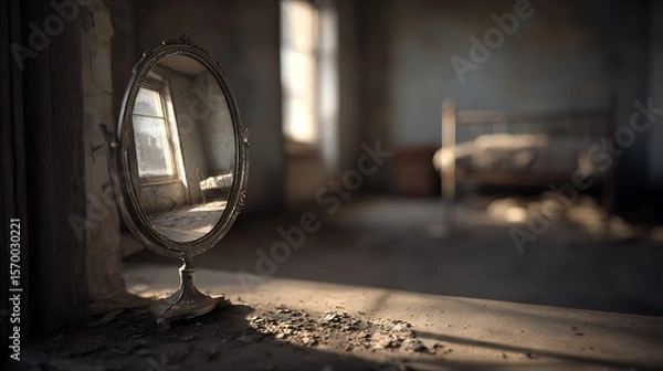 Fototapeta Oval mirror reflecting a window standing on a dusty surface in a derelict room