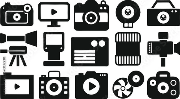 Fototapeta A diverse set of black and white vector icons for web, business, and technology illustrations, encompassing symbols for communication, media, and computer equipment