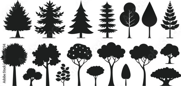 Fototapeta A diverse collection of tree silhouettes for nature-inspired vector designs, including oak, pine, and palm