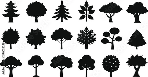 Fototapeta A diverse vector set of tree silhouettes including pine, palm, oak, and birch, perfect for nature and forest illustrations