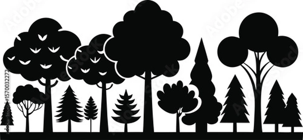 Fototapeta Set of vector tree silhouettes illustrating diverse nature elements like pine, birch, and oak branches, perfect for design and decoration