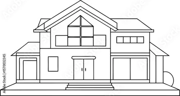 Fototapeta Vector sketch drawing of a residential house with roof windows and door representing real estate property design