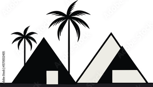 Fototapeta Tropical Oasis Illustration: An illustrative view of the island life, this graphic shows the combination of a tropical ambiance, palm trees with cabanas.