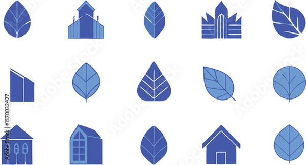 Fototapeta Architectural and Leaf Icons: A collection of clean and modern architectural and leaf icons, arranged in a grid pattern, representing nature and building structures.
