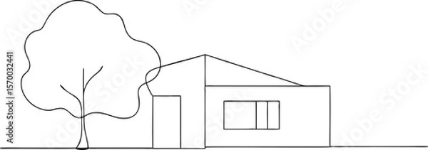 Fototapeta Simple Residence Serenity: A minimalistic sketch captures the essence of home—a humble house stands beside a sheltering tree under a clear sky. It is a reminder of life's simpler pleasures.