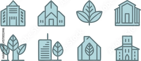 Fototapeta Architectural and Botanical Harmony: A collection of artistic architectural and natural illustrations showcases a series of buildings and plant forms.