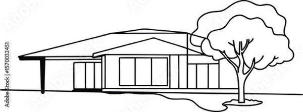 Fototapeta Modern Home Outline with Tree: A clean and simple line drawing of a contemporary house, set against a backdrop featuring a mature tree, representing modern living.