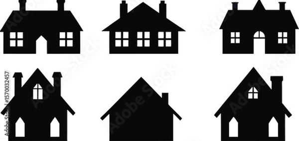 Fototapeta House Icons Set: An array of house silhouettes, diverse in architectural style, captures the essence of home and domesticity in simple house icon designs.