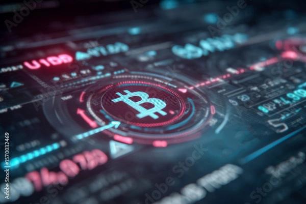Fototapeta A sophisticated digital display features a prominent Bitcoin symbol at its center, surrounded by an intricate interface with financial data, graphs, and holographic elements representing cryptocurrenc