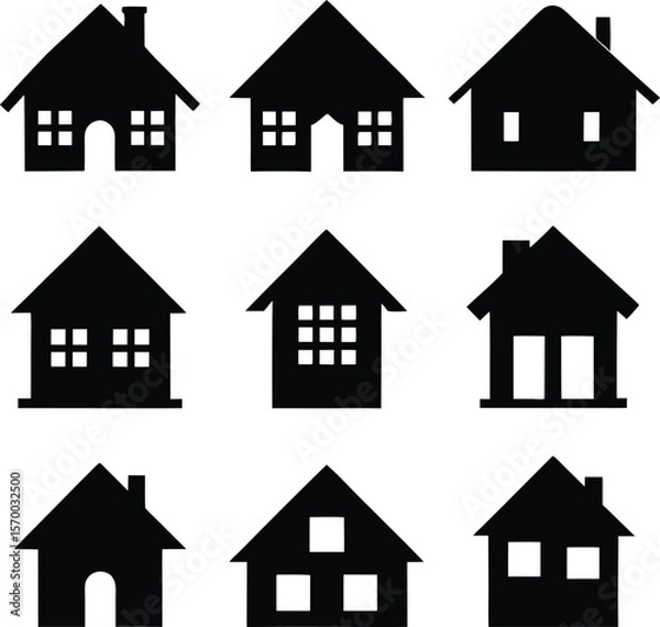 Fototapeta Diverse Silhouette of Dwellings: A versatile collection of minimalist house silhouettes, each showcasing unique architectural details, offering a range of residential options.