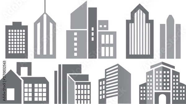 Fototapeta Architectural Icons: A compilation of minimalist building icons captures the essence of urban skylines, blending modern design with geometric precision.