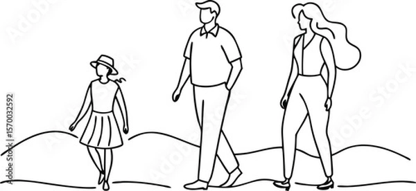 Fototapeta Family Leisure Stroll: Minimalist illustration captures a family of three enjoying a leisurely walk outdoors, representing togetherness and simple joys of quality time. 