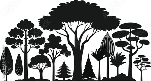 Fototapeta Silhouette Forest: A stark, high-contrast silhouette of various trees, from towering oaks to delicate evergreens, creating a visually compelling graphic of the wilderness.