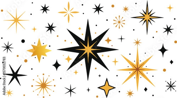 Obraz Sparkling Night: An illustrative array of radiant stars, in gold and black, twinkle against the backdrop of the deep night. Capturing celestial bodies.