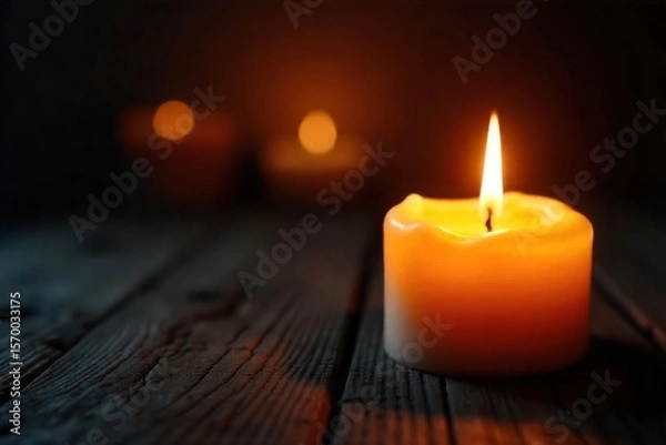 Fototapeta Flickering Candlelight Warm, Cozy Macro Shot of Candle Flame on Dark Wood, Perfect for Relaxation, Spa, and Autumn Themes