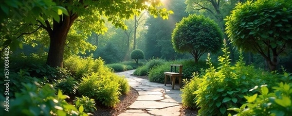 Fototapeta Serene Autumn Garden Path Sunlight Dapples a Winding Walkway Leading to a Peaceful Seating Area, Perfect for Relaxation and Contemplation.