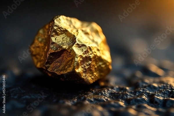 Fototapeta Lustrous Golden Nugget Treasure Discovery, Close-up of a Perfectly Formed Gold Nugget Reflecting Light on a Dark Surface, Symbolizing Wealth and Value.