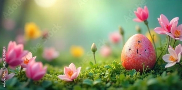 Fototapeta Tiny Painted Egg Hidden in Vibrant Spring Blooms A Whimsical Easter Surprise