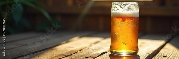 Fototapeta Cold Beer Bottle with Condensation on Rustic Wooden Table, Sunlight Streaming In, Ready to Drink