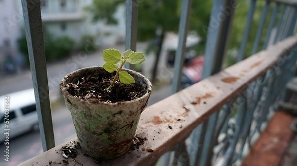 Fototapeta A small plant in a pot sits on a balcony railing with a blurred urban background behind it