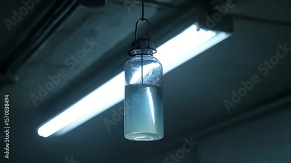 Fototapeta A glass jar filled with liquid hangs from the ceiling under a fluorescent light fixture