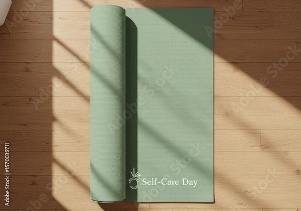 Fototapeta Self-Care Day Text on Yoga Mat, an accessory with a message for the wellness event on July 24th