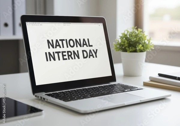 Fototapeta National Intern Day Text on a Laptop, a computer screen with a welcome message for the event on July 31st