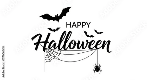 Fototapeta Happy halloween text with bats spiderweb and spider
