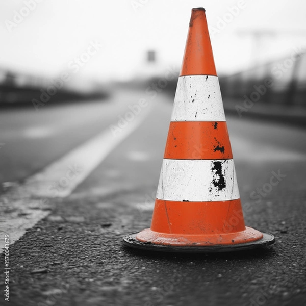 Fototapeta Orange traffic cone centered on desaturated road with shallow depth of field