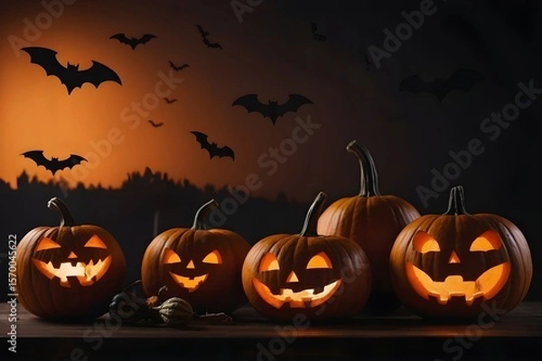 Fototapeta Orange to Black Halloween Gradient Background with Pumpkins and Bats – Center Copy Space