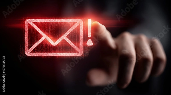 Fototapeta Urgent Email Alert: A digitally rendered hand points towards a glowing email icon, emphasizing the urgency and importance of a notification. This image represents the core concepts of communication.