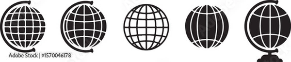 Fototapeta Collection of black and white globe icons representing global concepts and travel themes