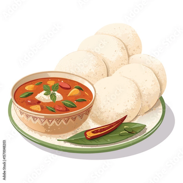 Fototapeta South Indian Breakfast Rava idli, served with coconut chutney and sambar or curr